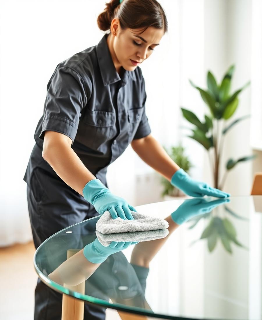 AVN professional cleaning a glass table